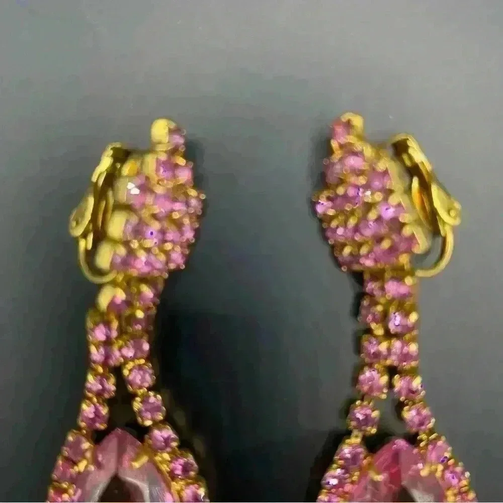 Classic Fashion Eardrop Dangle Drop Earrings Rhinestone Crystal Pink Gold-Tone